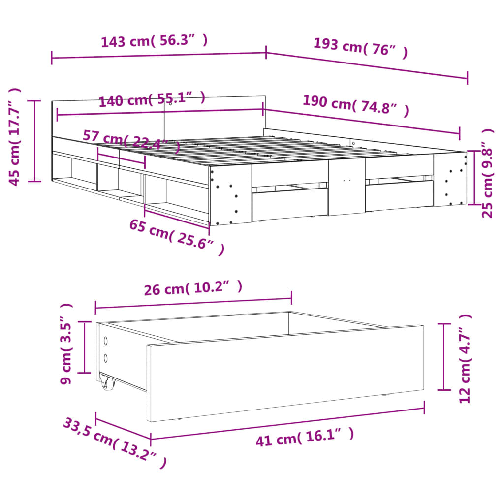 vidaXL Bed Frame with Drawers without Mattress Concrete Grey 140x190 cm