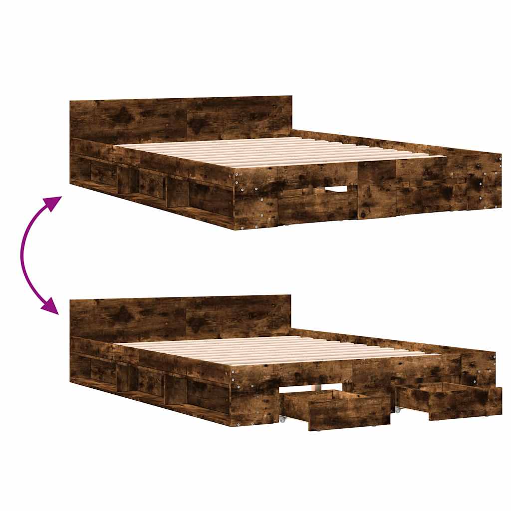 Bed Frame with Drawers without Mattress Smoked Oak 140x190 cm