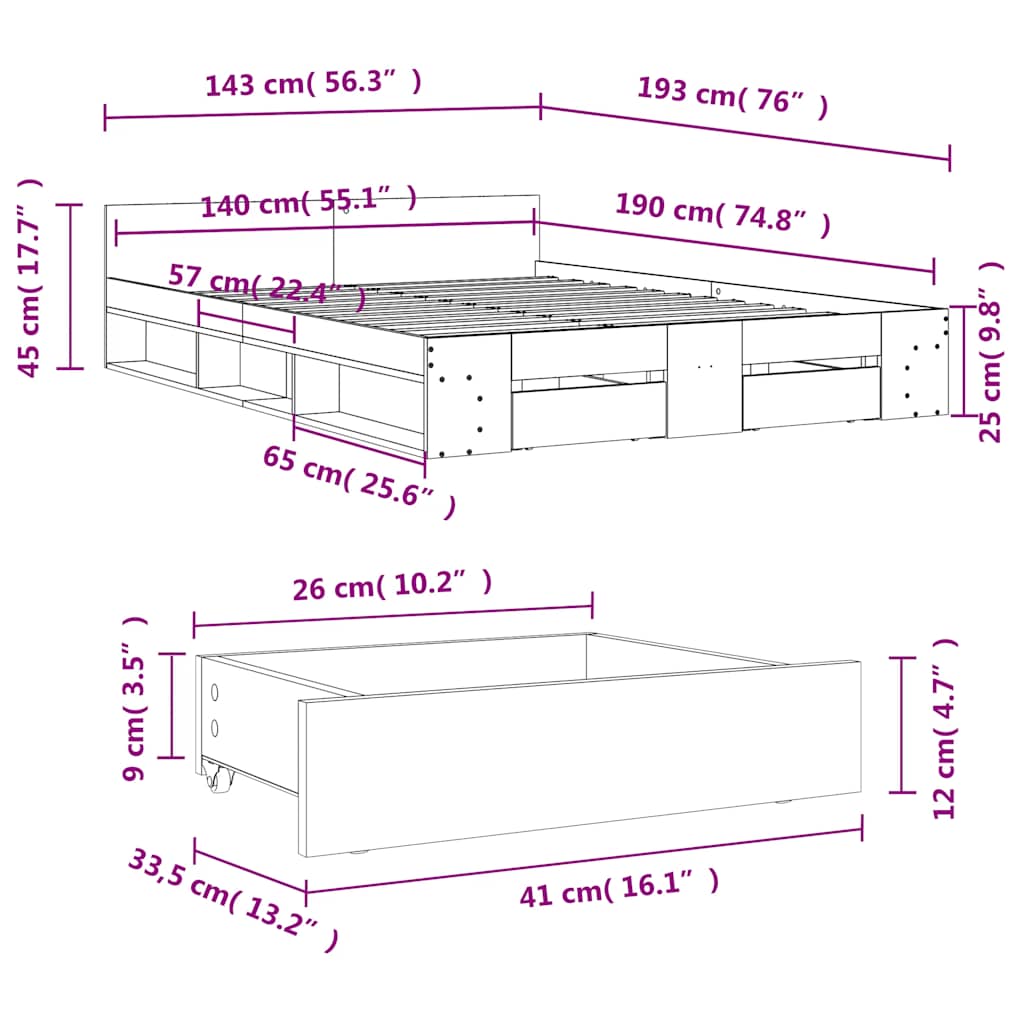 Bed Frame with Drawers without Mattress Smoked Oak 140x190 cm