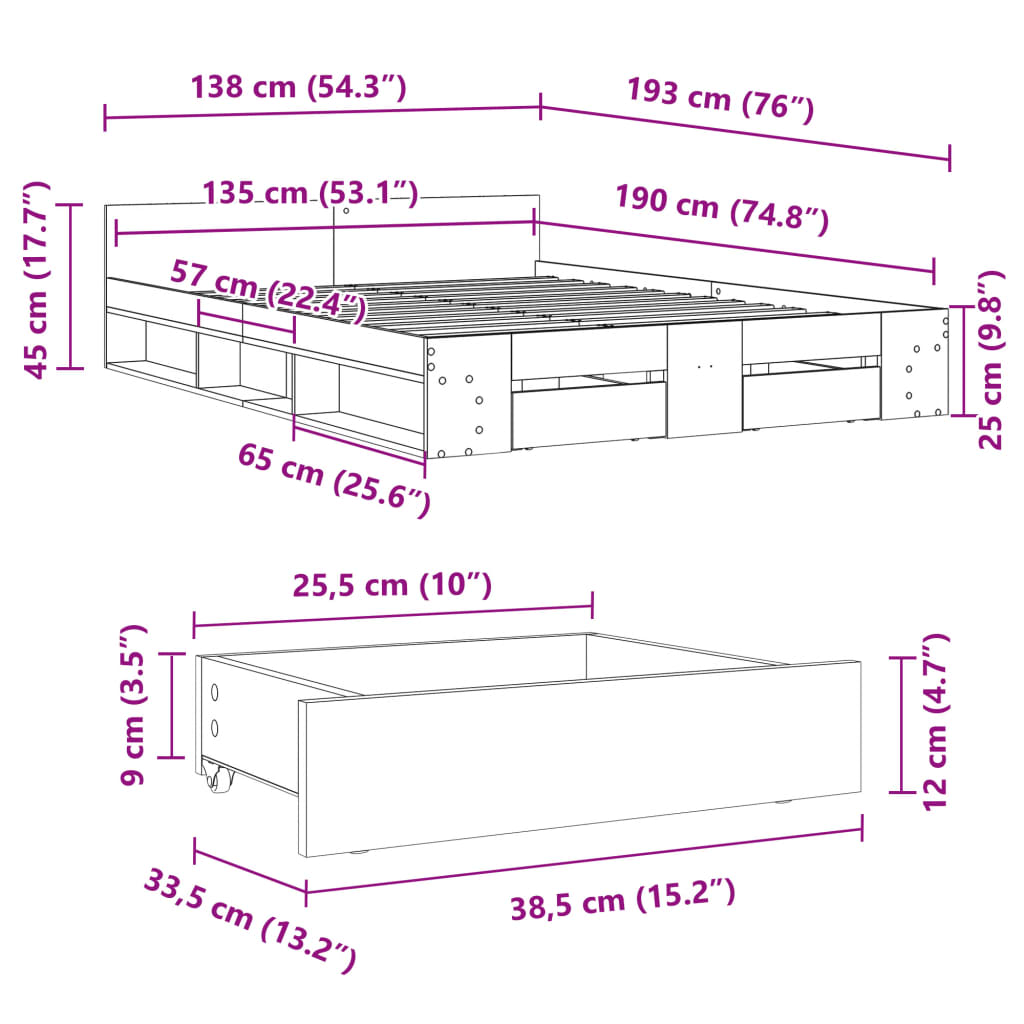 vidaXL Bed Frame with Drawers without Mattress White 135x190 cm Double