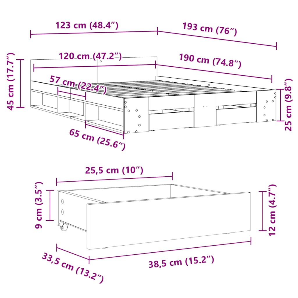 Bed Frame with Drawers without Mattress White 120x190 cm Small Double