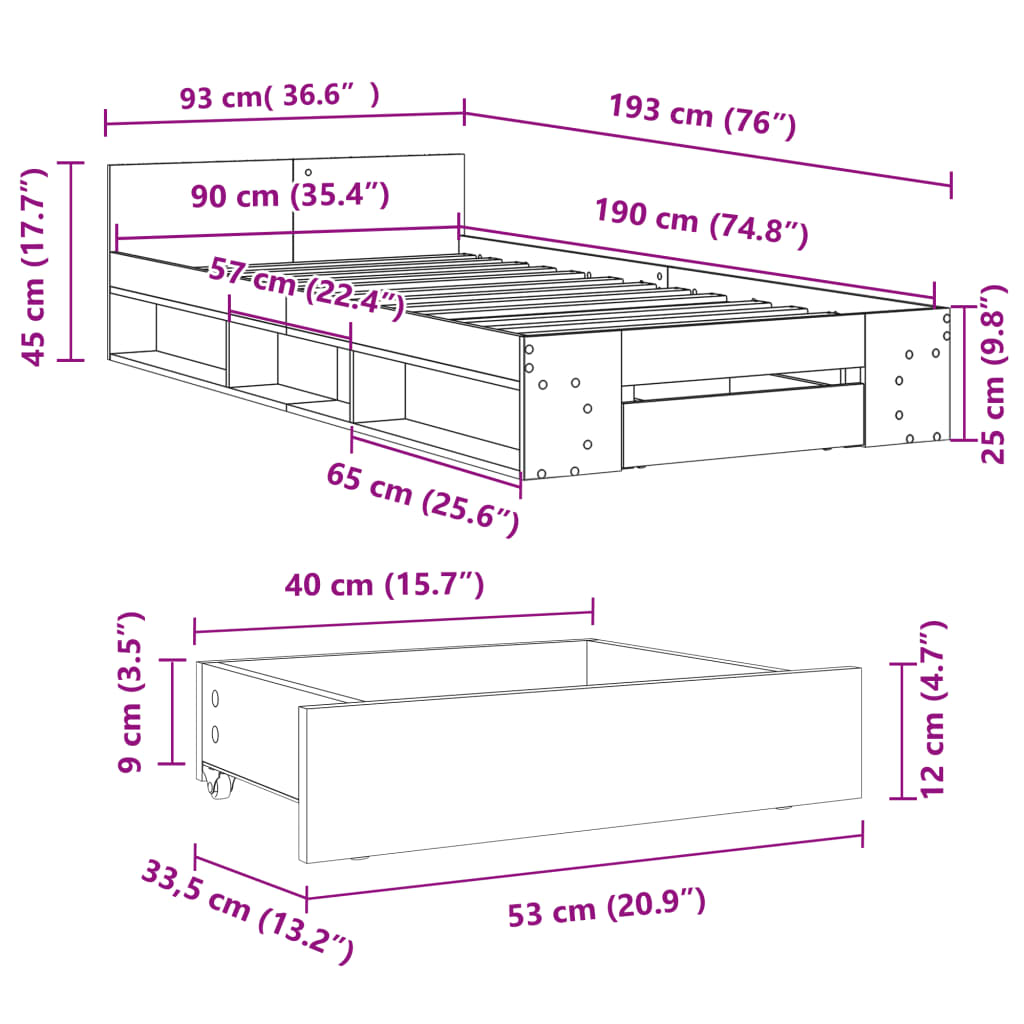 vidaXL Bed Frame with Drawer without Mattress Grey Sonoma 90x190 cm Single