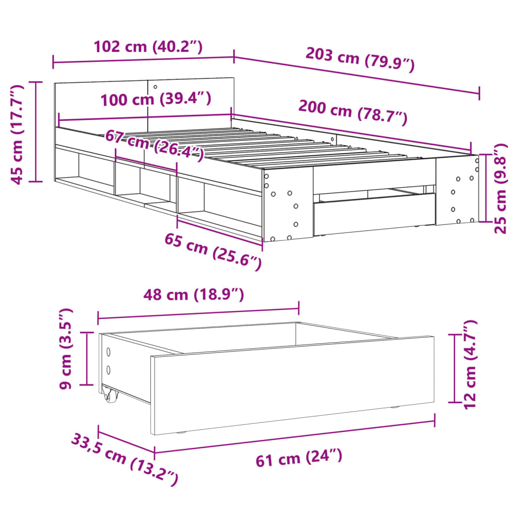 Bed Frame with Drawer without Mattress White 100x200 cm