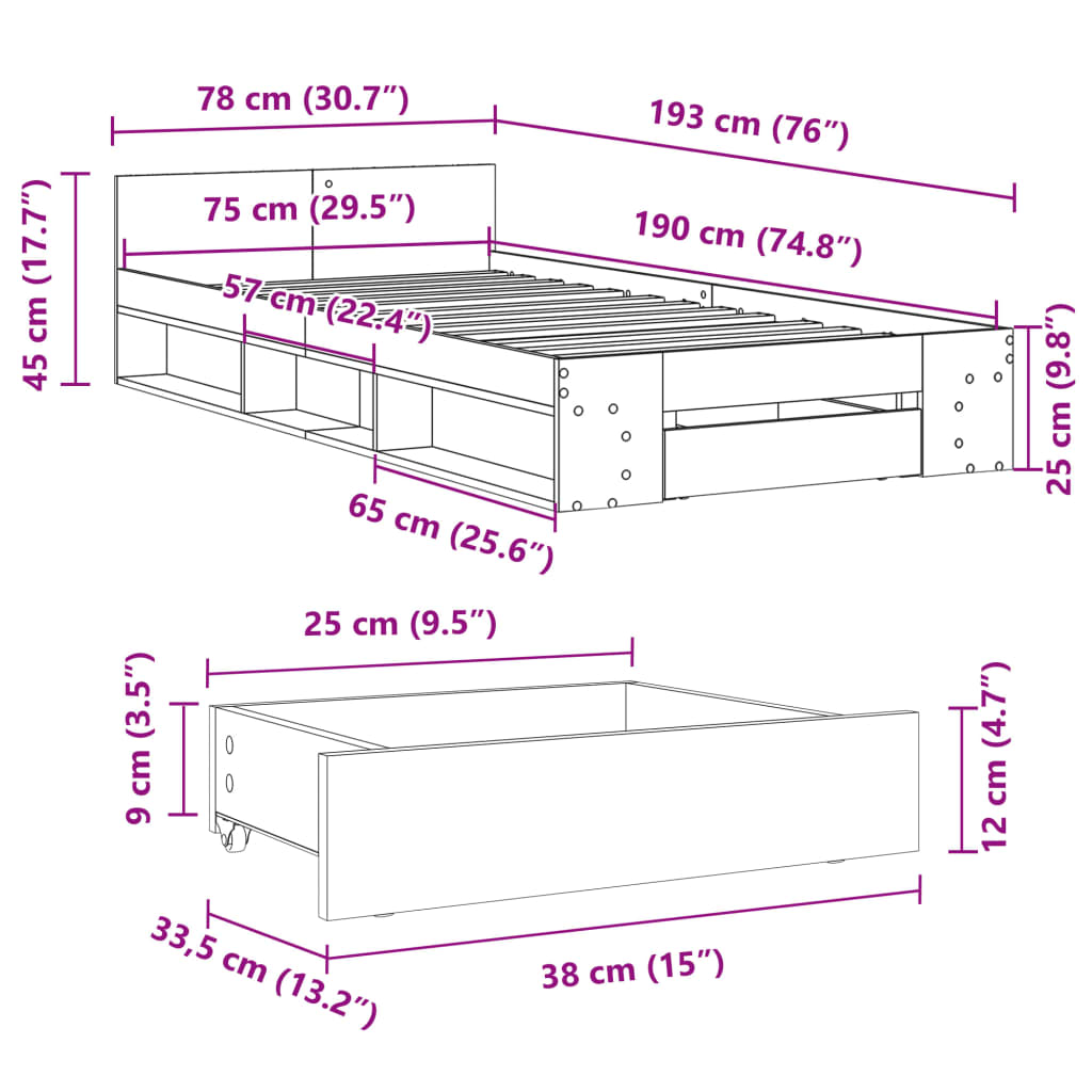 Bed Frame with Drawer without Mattress Black 75x190 cm Small Single