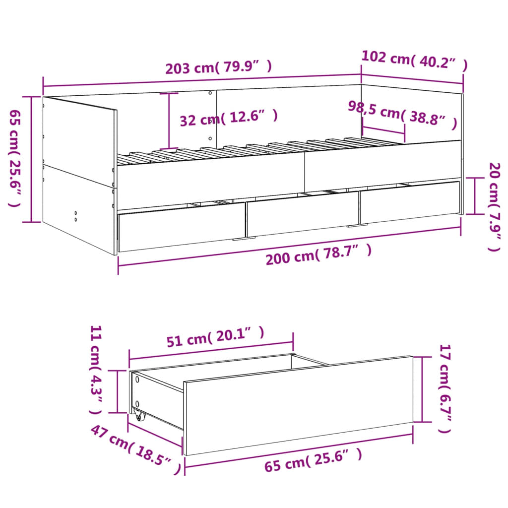 Daybed with Drawers without Mattress White 100x200 cm