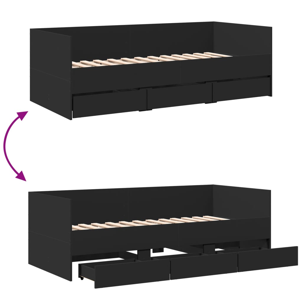 Daybed with Drawers without Mattress Black 75x190 cm Small Single