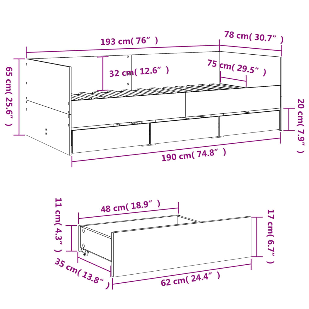 Daybed with Drawers without Mattress Sonoma Oak 75x190 cm Small Single