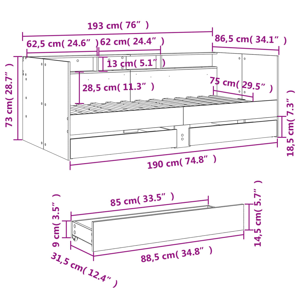 Daybed with Drawers without Mattress White 75x190 cm Small Single