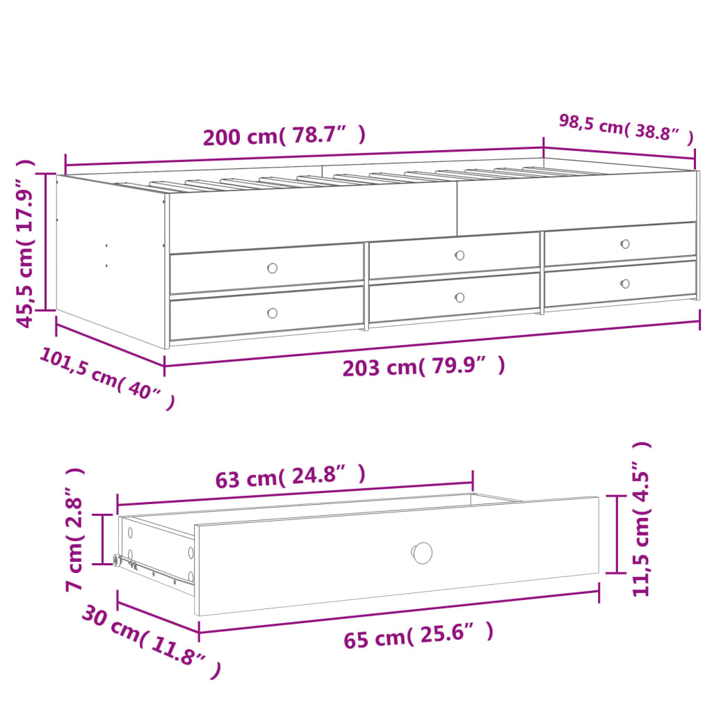 vidaXL Daybed with Drawers without Mattress Concrete Grey 100x200 cm