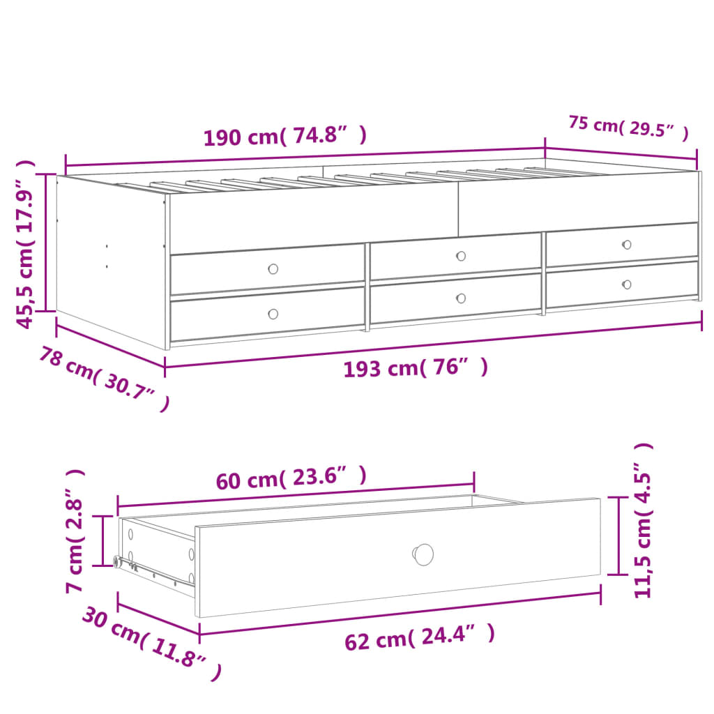 Daybed with Drawers without Mattress Brown Oak 75x190 cm Small Single