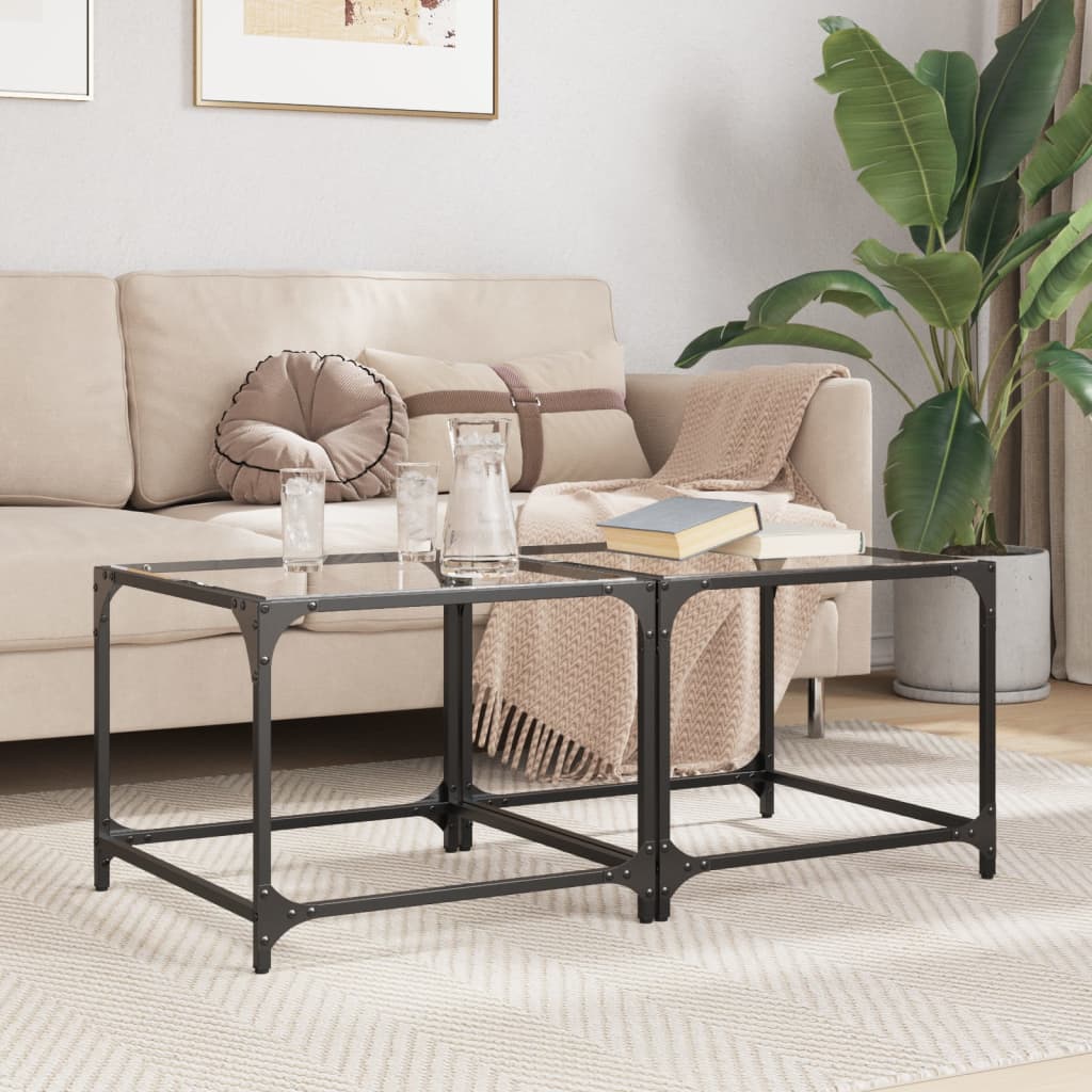 Coffee Tables with Transparent Glass Top 2 pcs 50x50x40cm Steel