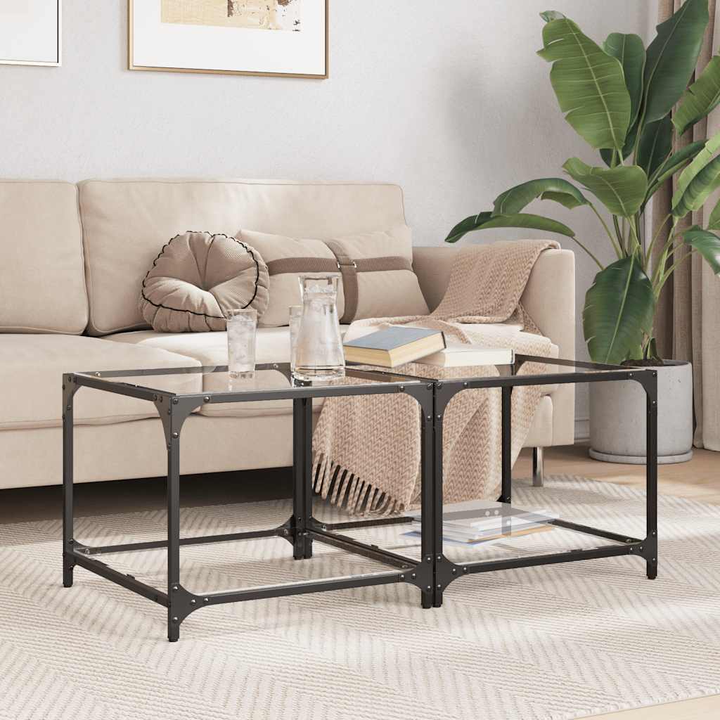 Coffee Tables with Transparent Glass Top 2 pcs 50x50x40cm Steel