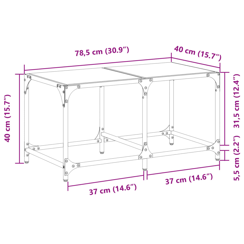 Coffee Table with Black Glass Top 78,5x40x40 cm Steel
