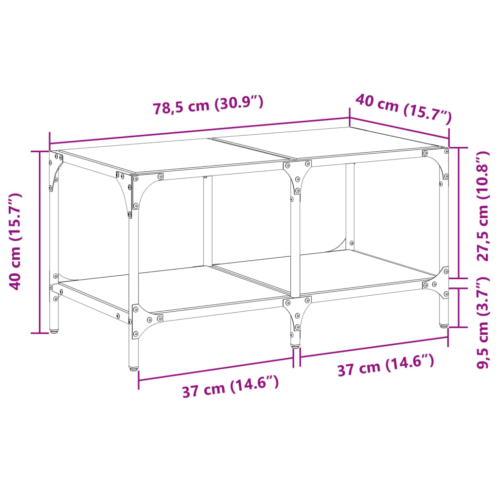Coffee Table with Black Glass Top 78,5x40x40 cm Steel