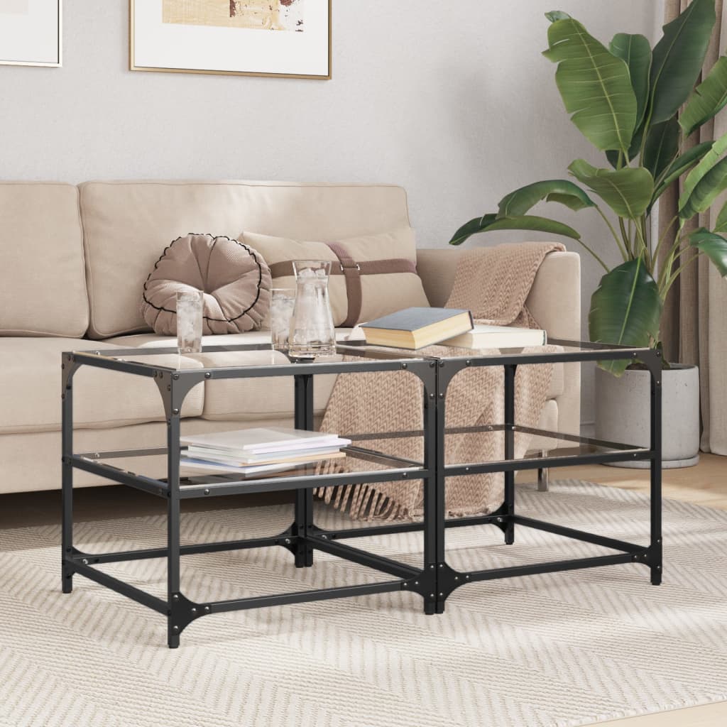Coffee Tables with Transparent Glass Top 2 pcs 50x50x45cm Steel