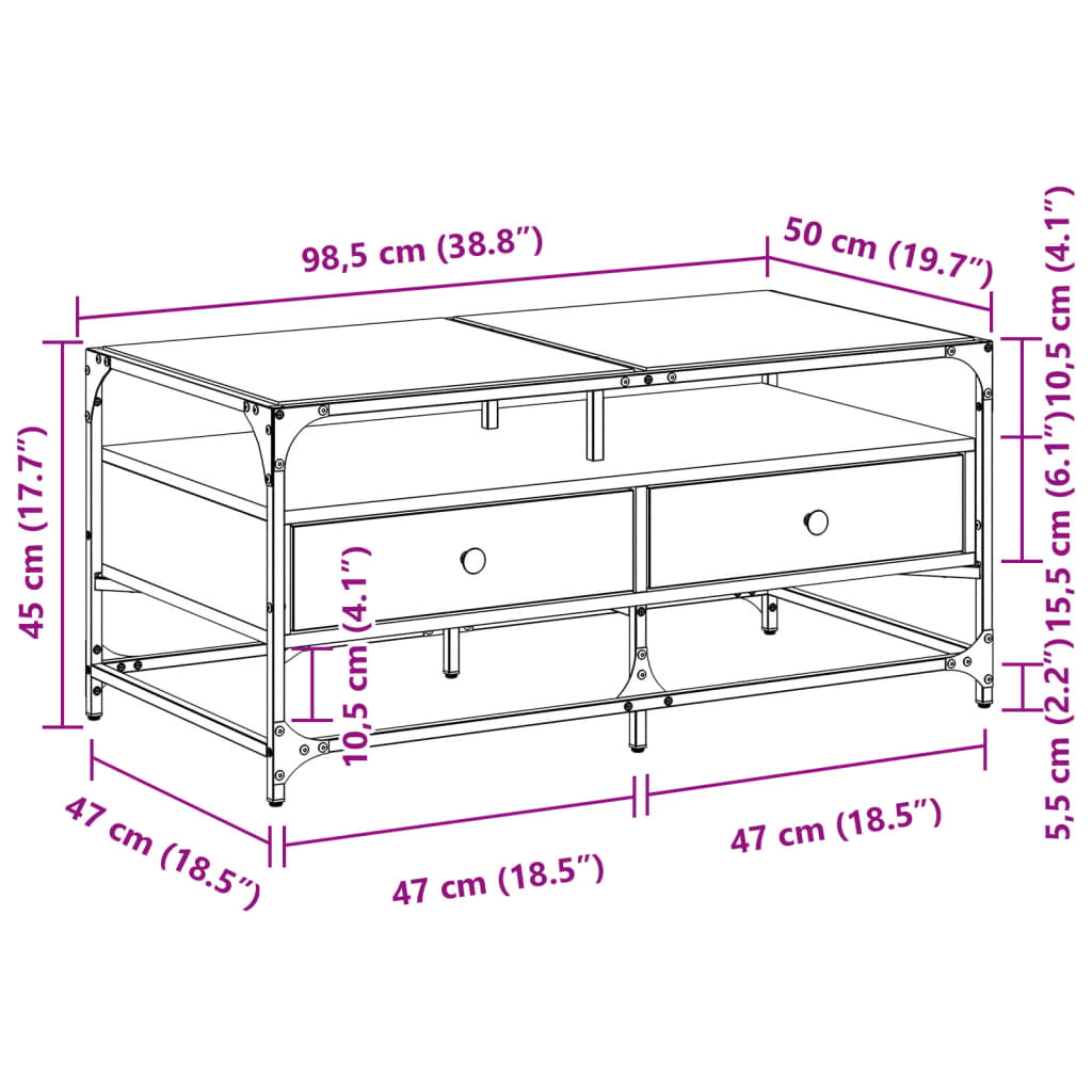 Coffee Table with Glass Top Grey Sonoma 98,5x50x45 cm Steel