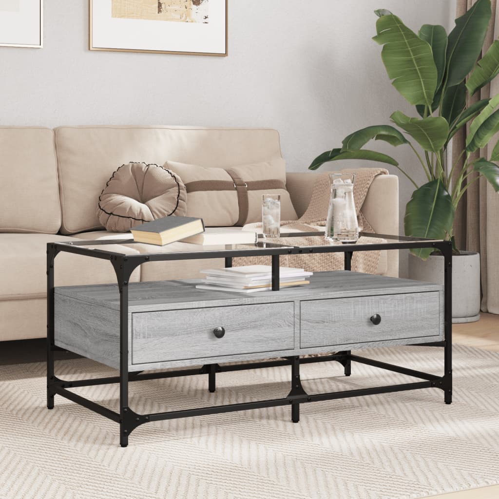 Coffee Table with Glass Top Grey Sonoma 98,5x50x45 cm Steel