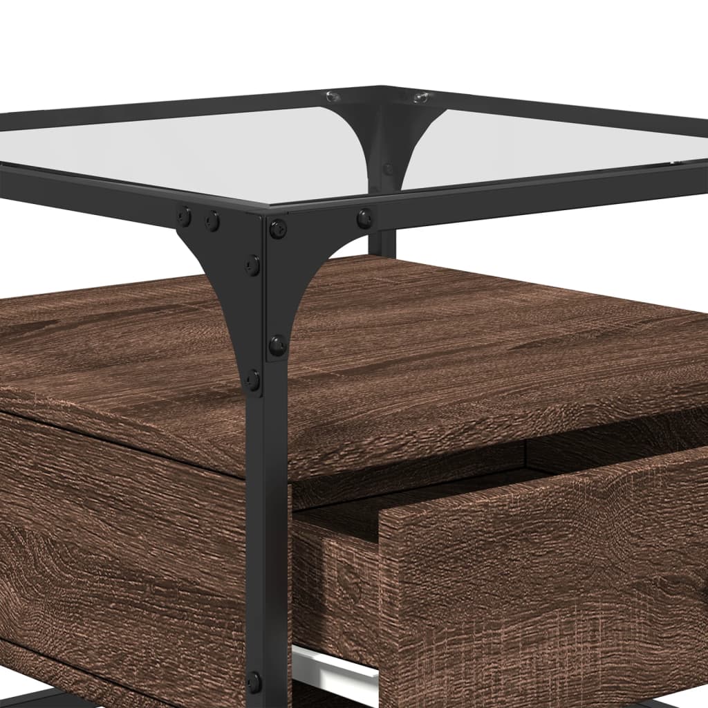 Coffee Table with Glass Top Brown Oak 50x50x45 cm Steel