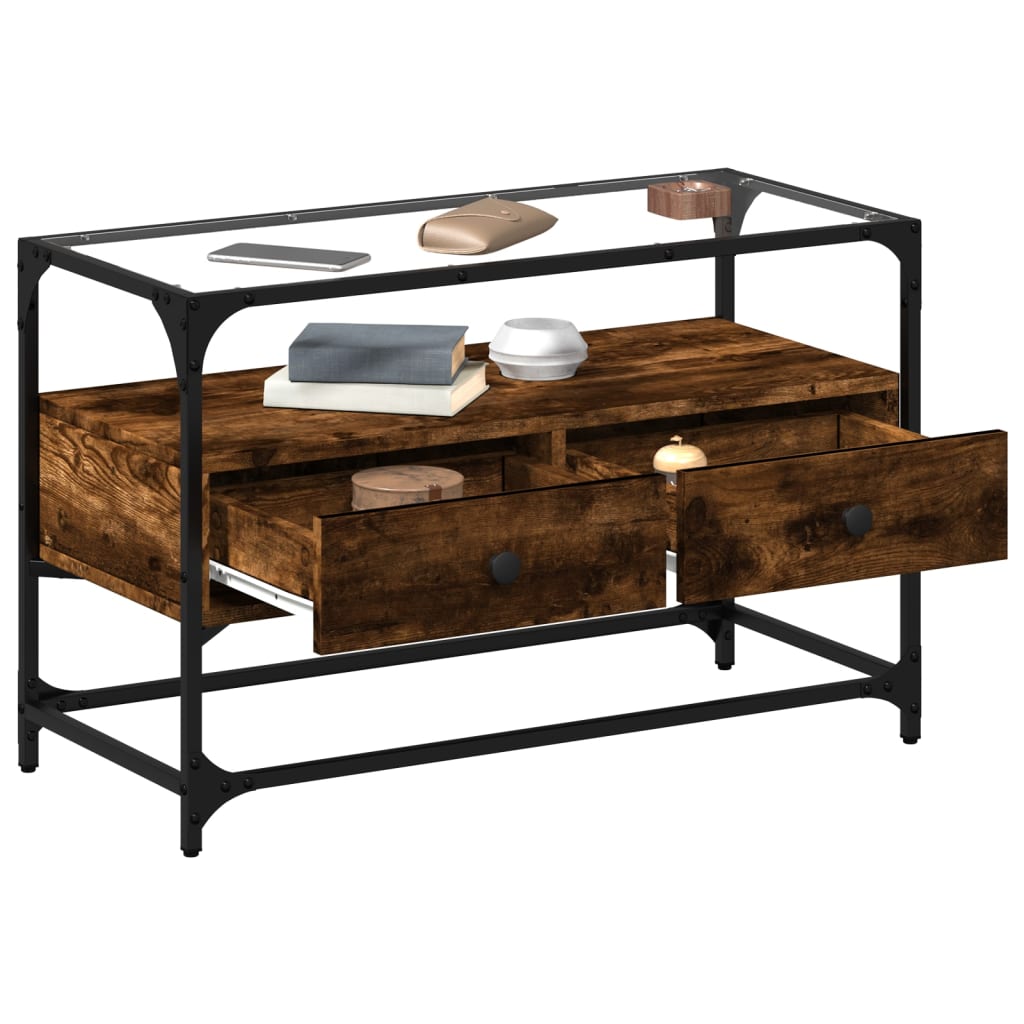TV Cabinet with Glass Top Smoked Oak 80x35x51cm Engineered Wood