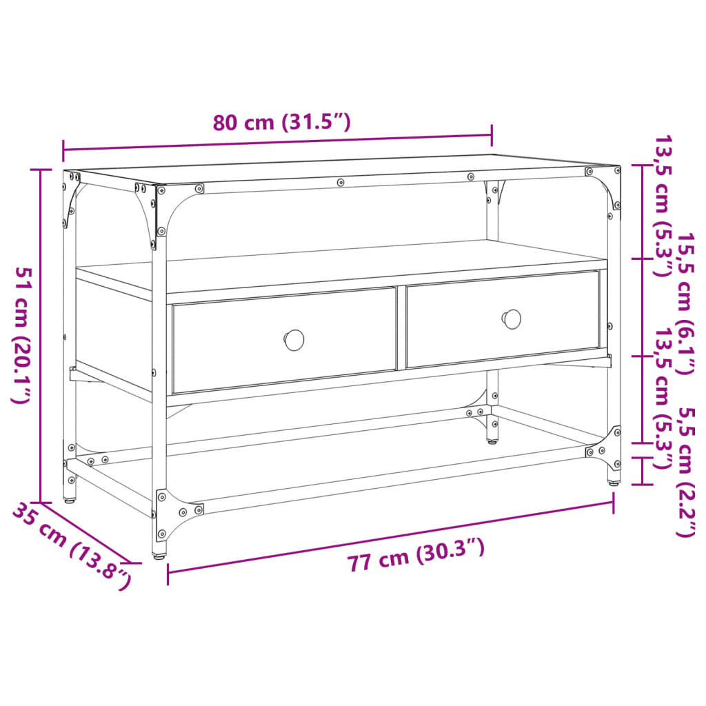 vidaXL TV Cabinet with Glass Top Smoked Oak 80x35x51 cm Engineered Wood