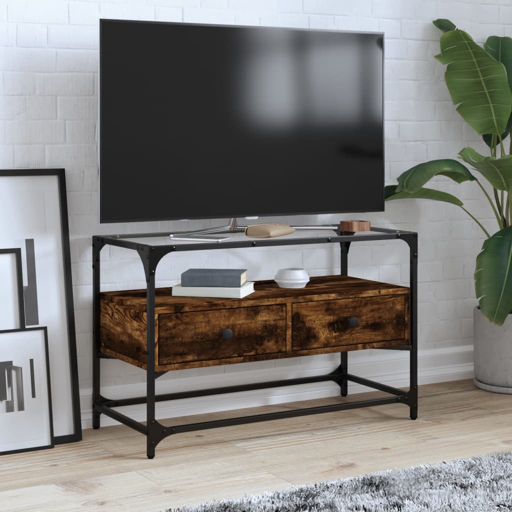 vidaXL TV Cabinet with Glass Top Smoked Oak 80x35x51 cm Engineered Wood