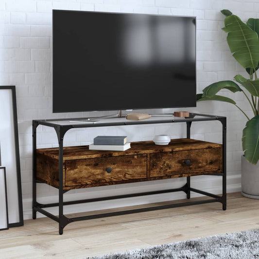 vidaXL TV Cabinet with Glass Top Smoked Oak 98x35x51 cm Engineered Wood