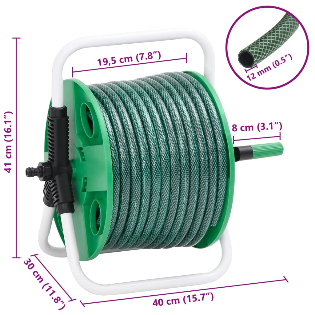 vidaXL Free Standing Green Hose Reel with Hose Fitting Set 0.5" 20 m PVC