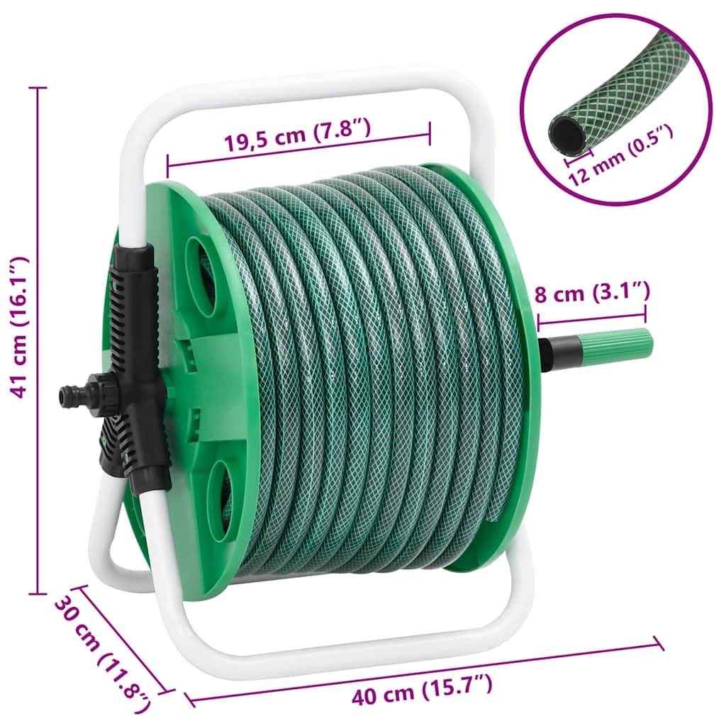 Free Standing Green Hose Reel with Hose Fitting Set 0.5" 30 m