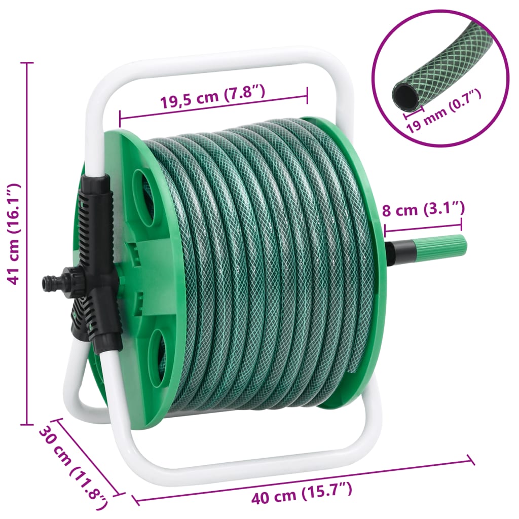 vidaXL Free Standing Green Hose Reel with Hose Fitting Set 0.75" 20 m PVC