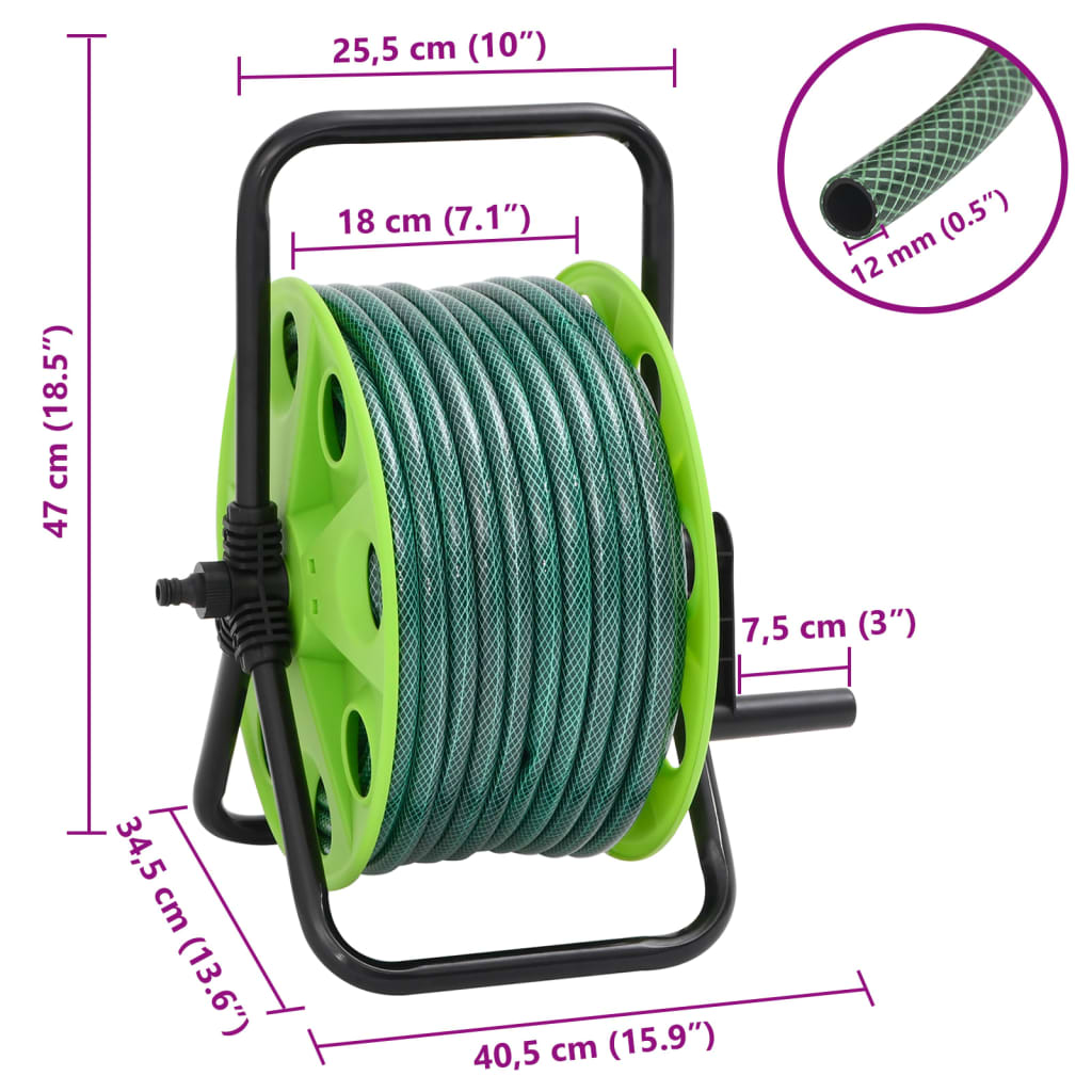 vidaXL Free Standing Green Hose Reel with Hose Fitting Set 0.5" 20 m PVC