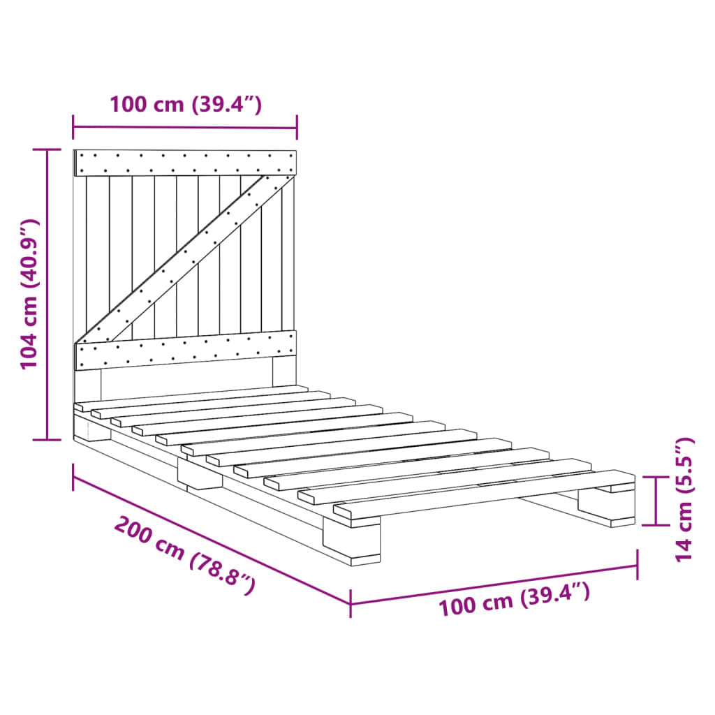 vidaXL Bed Frame without Mattress  Grey 100x200 cm Solid Wood Pine