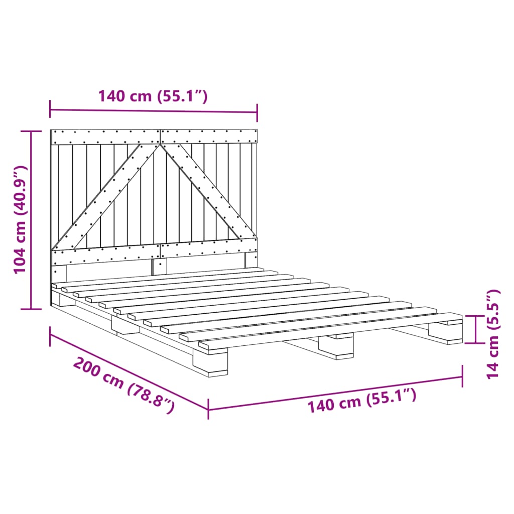 vidaXL Bed Frame without Mattress  Grey 140x200 cm Solid Wood Pine