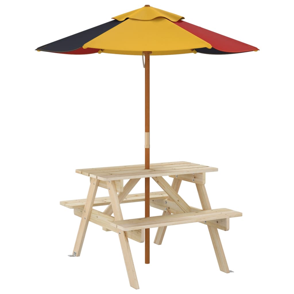 vidaXL Picnic Table for 4 Kids with Umbrella Solid Wood Fir