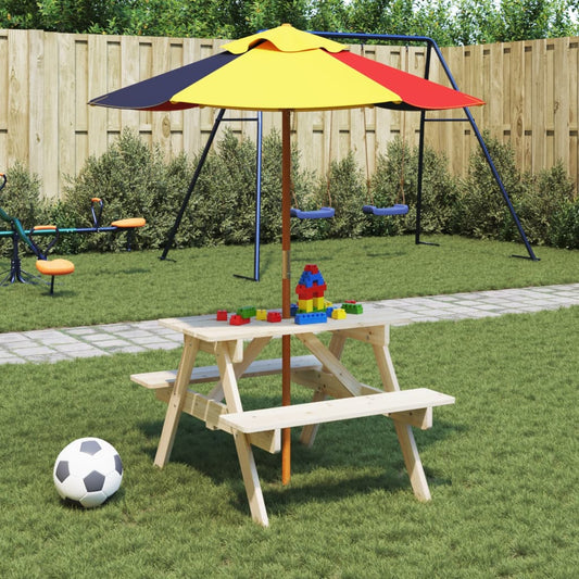 vidaXL Picnic Table for 4 Kids with Umbrella Solid Wood Fir