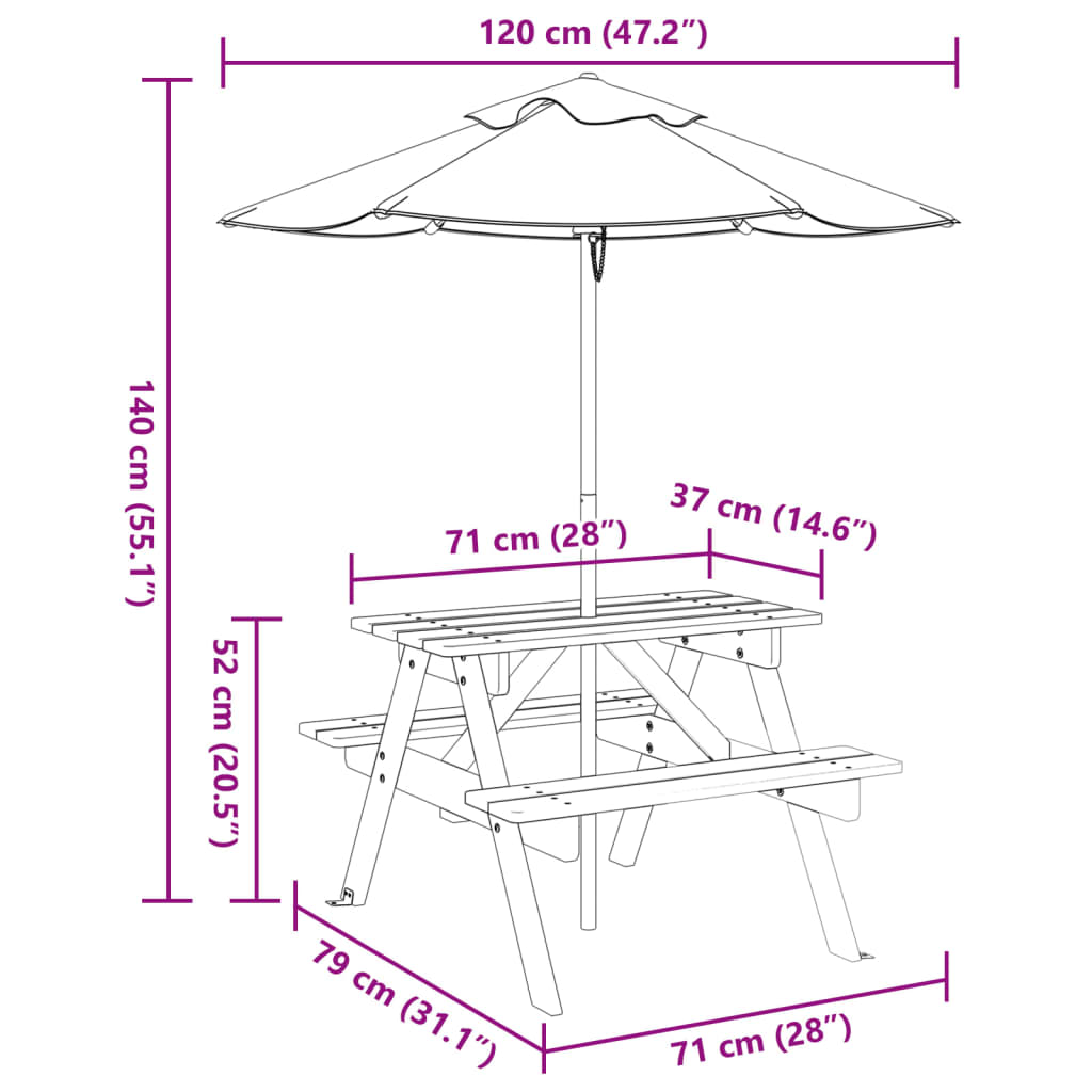 vidaXL Picnic Table for 4 Kids with Umbrella Solid Wood Fir