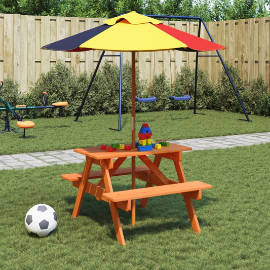 vidaXL Picnic Table for 4 Kids with Umbrella Solid Wood Fir