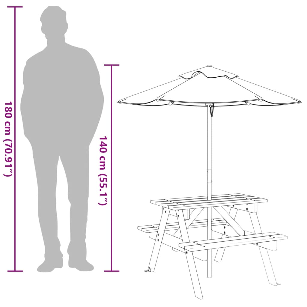 vidaXL Picnic Table for 4 Kids with Umbrella Solid Wood Fir