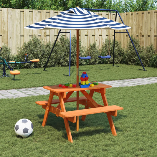 vidaXL Picnic Table for 4 Kids with Umbrella Solid Wood Fir