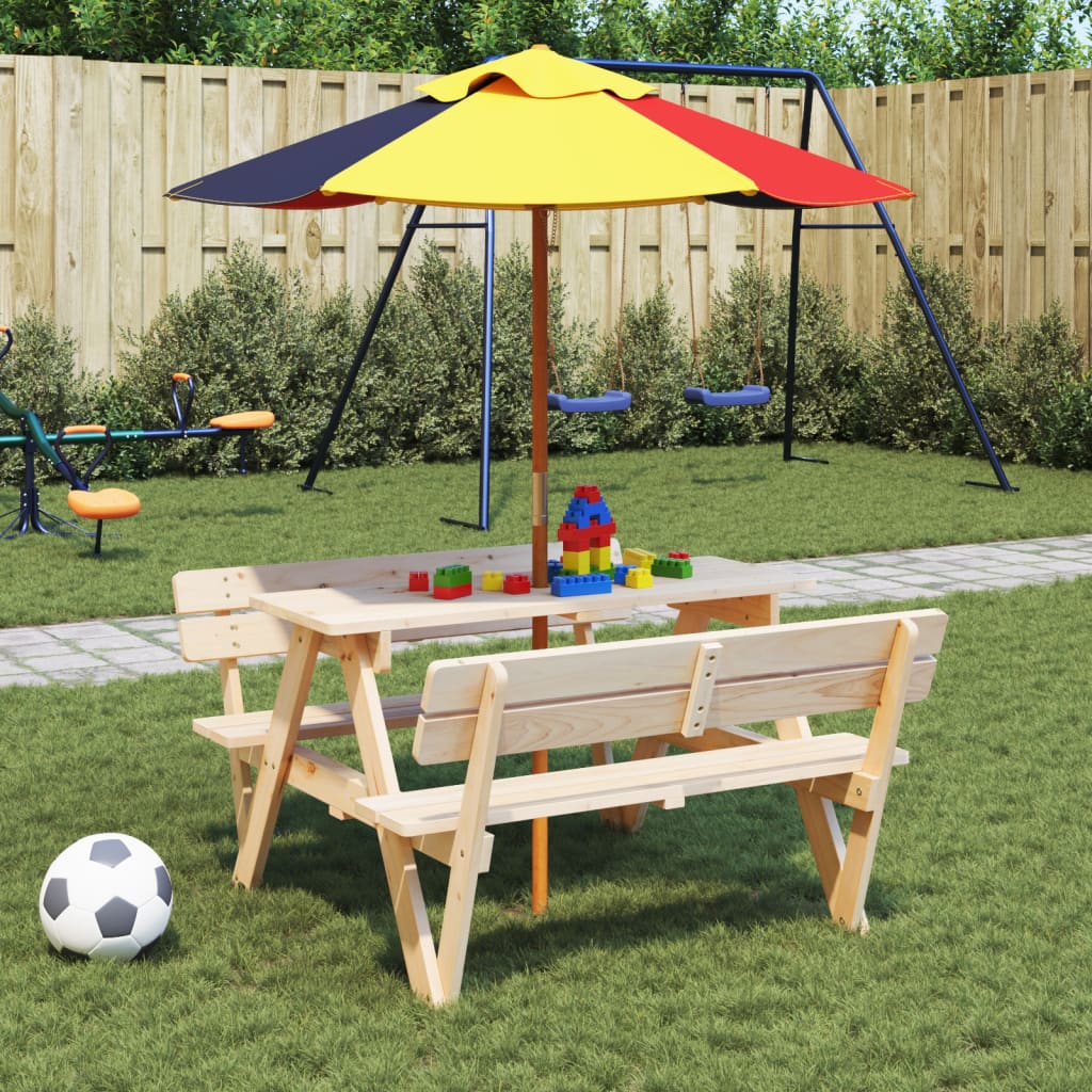 vidaXL Picnic Table for 4 Kids with Umbrella Solid Wood Fir