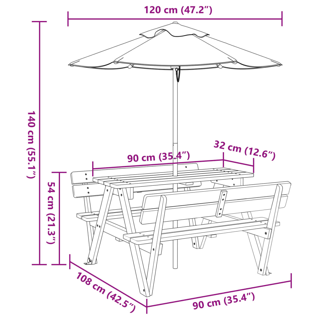 vidaXL Picnic Table for 4 Kids with Umbrella Solid Wood Fir