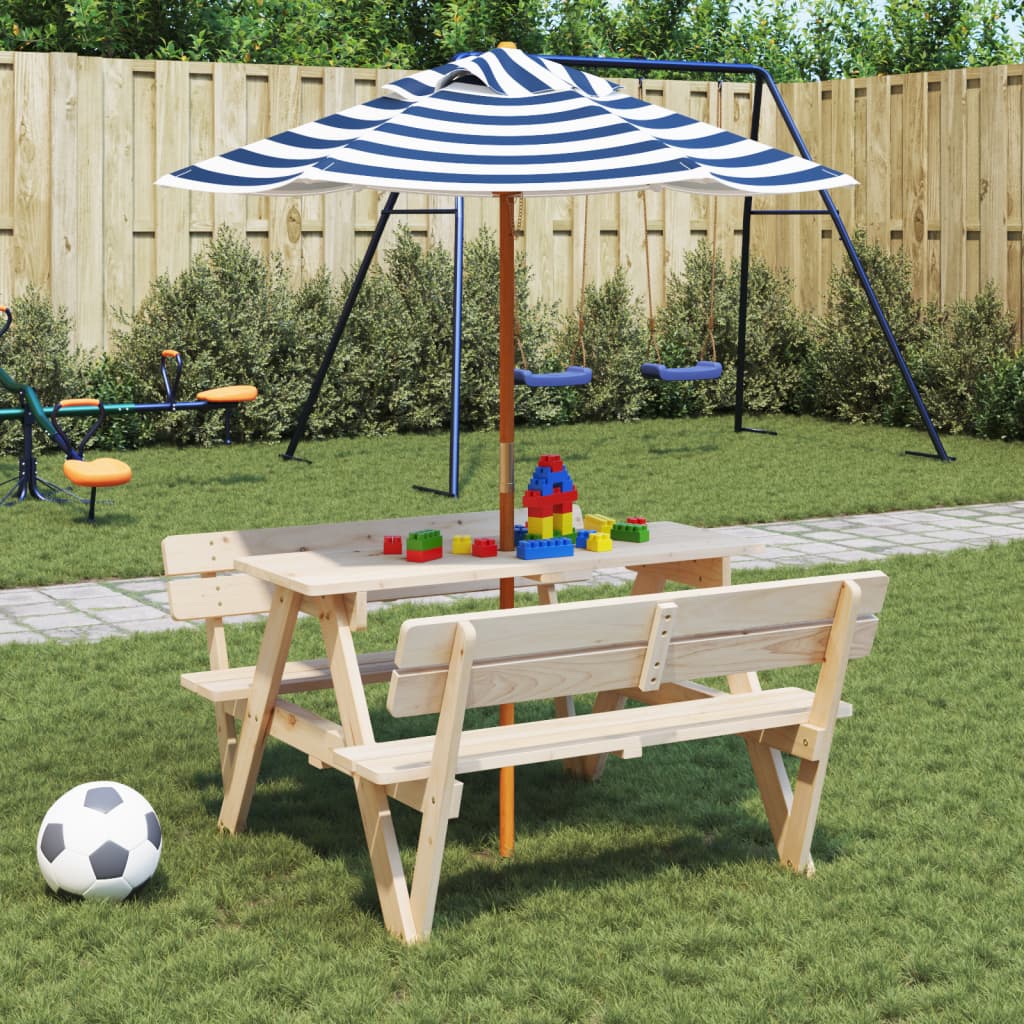 vidaXL Picnic Table for 4 Kids with Umbrella Solid Wood Fir