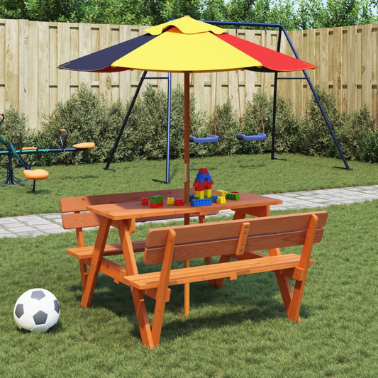 vidaXL Picnic Table for 4 Kids with Umbrella Solid Wood Fir