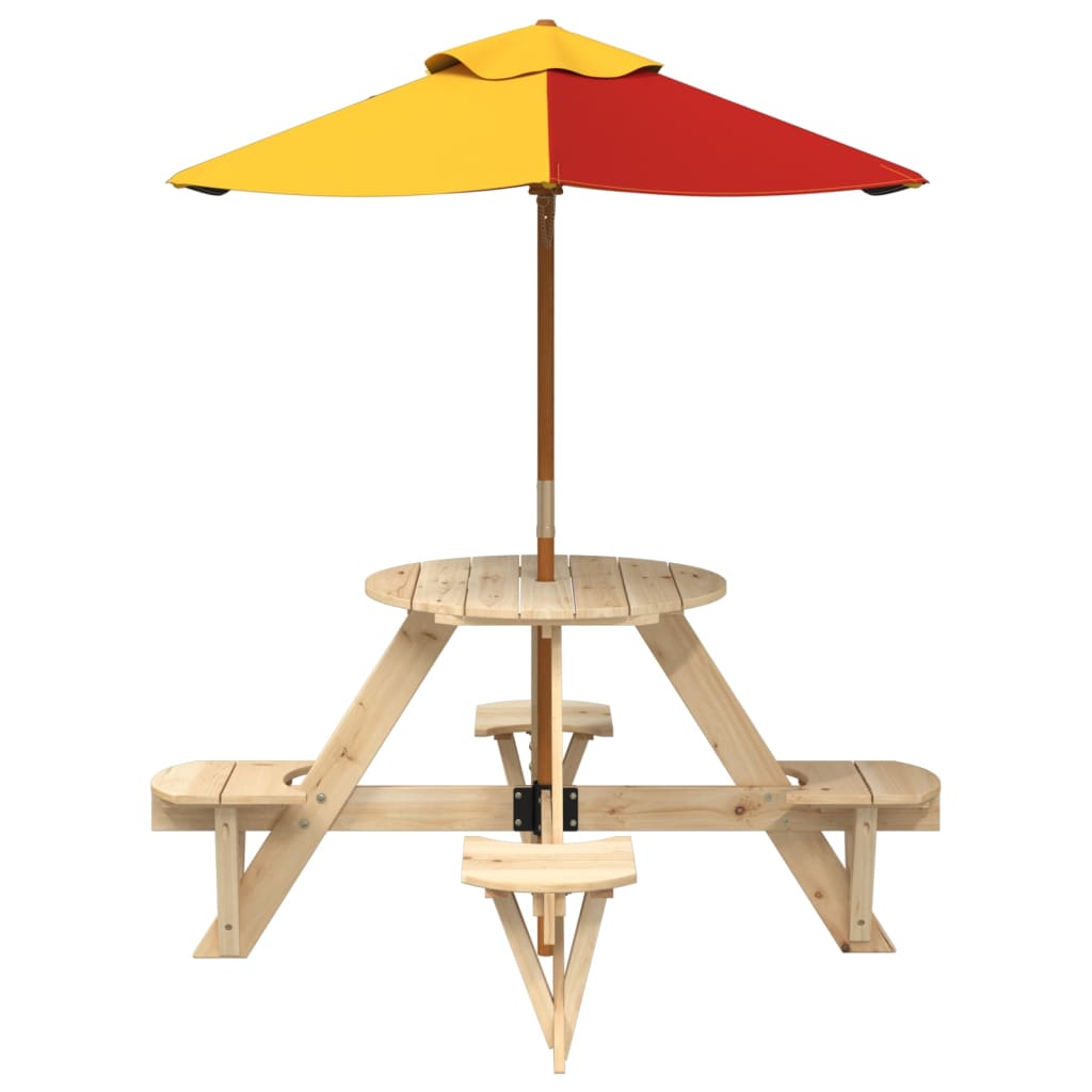 vidaXL Picnic Table for 4 Kids with Umbrella Round Solid Wood Fir