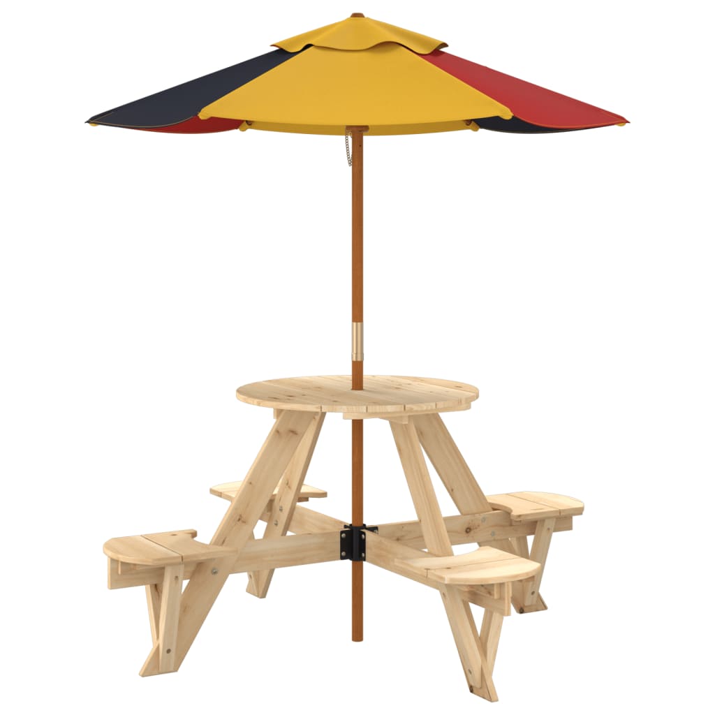 vidaXL Picnic Table for 4 Kids with Umbrella Round Solid Wood Fir