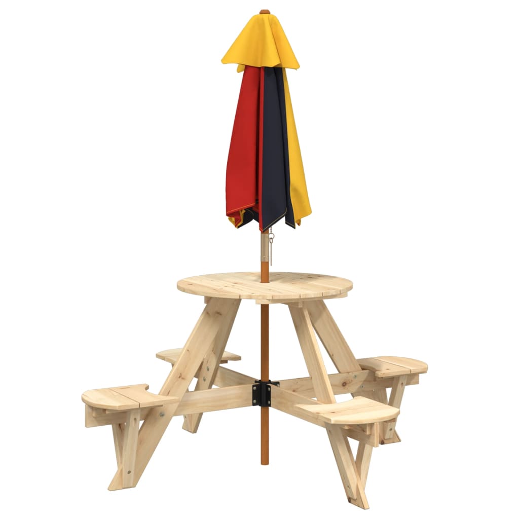 vidaXL Picnic Table for 4 Kids with Umbrella Round Solid Wood Fir