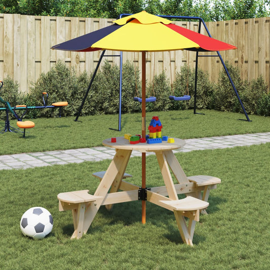 vidaXL Picnic Table for 4 Kids with Umbrella Round Solid Wood Fir