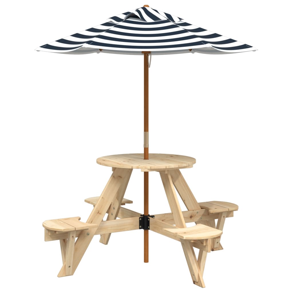 vidaXL Picnic Table for 4 Kids with Umbrella Round Solid Wood Fir