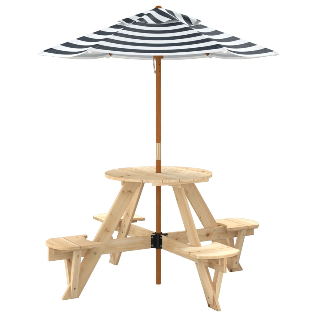 vidaXL Picnic Table for 4 Kids with Umbrella Round Solid Wood Fir