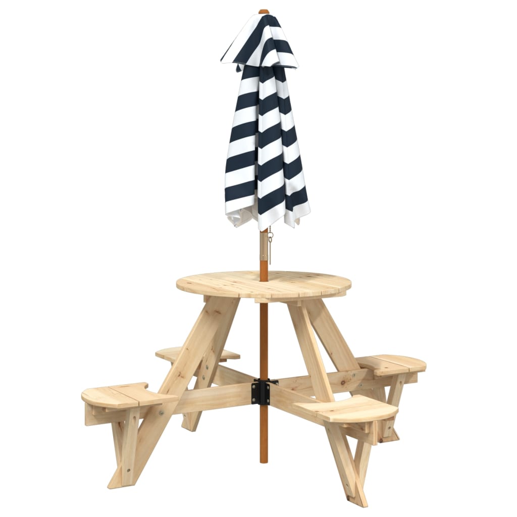 vidaXL Picnic Table for 4 Kids with Umbrella Round Solid Wood Fir