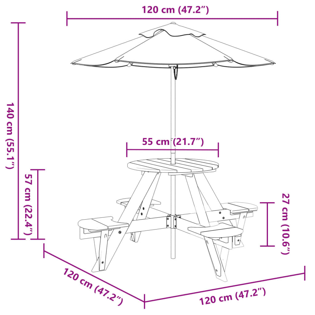 vidaXL Picnic Table for 4 Kids with Umbrella Round Solid Wood Fir